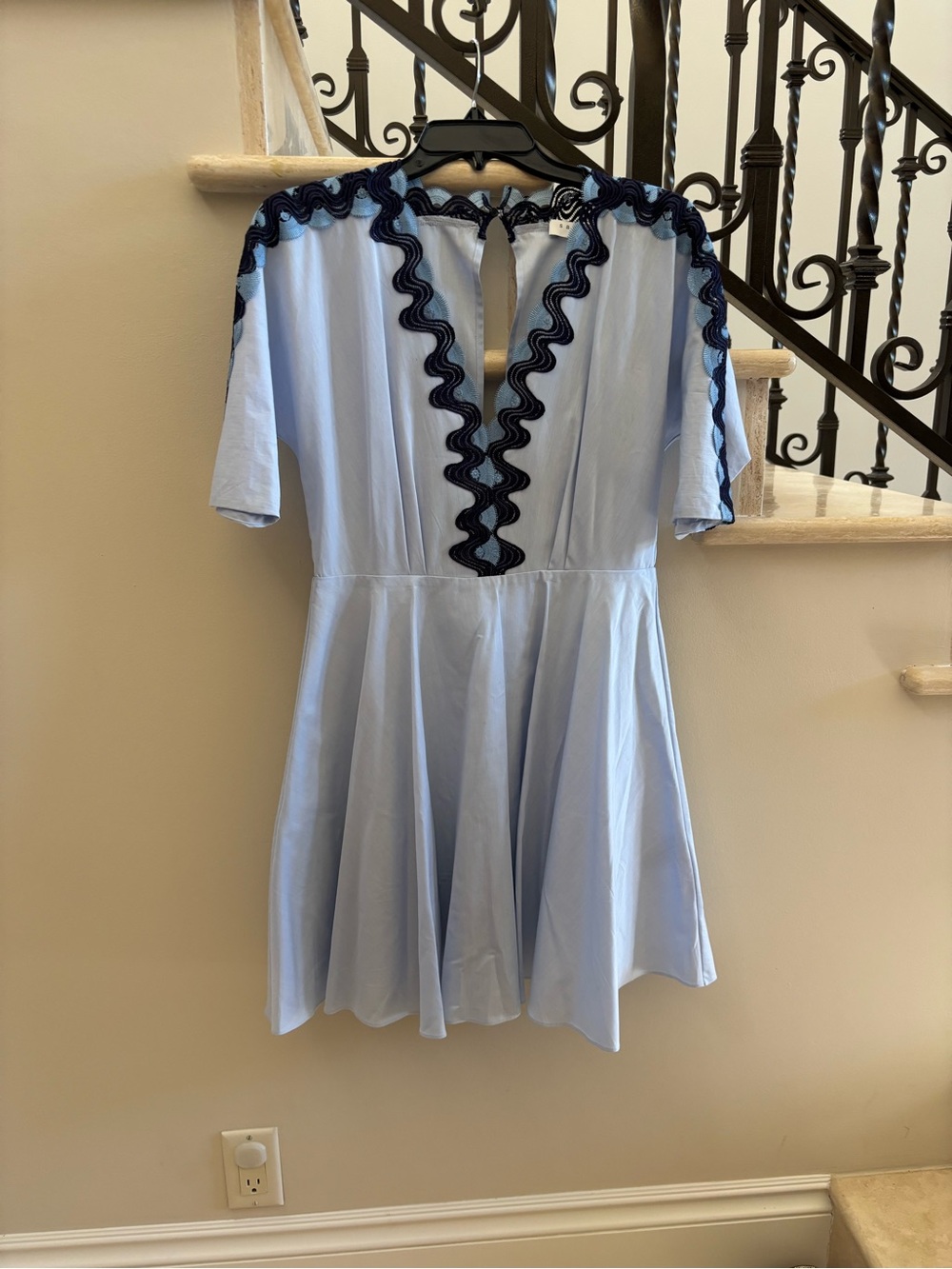 Sandro Light Blue Mini Dress with Navy Trim
